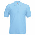 Introducing the Fruit of the Loom SS402: A short-sleeve polo shirt in light blue, featuring a classic collar and a three-button placket. The shirt is showcased against a plain white background.