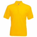A vibrant yellow Fruit of the Loom SS402 polo shirt featuring short sleeves, a collar, and a three-button placket is presented against a plain white background.