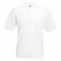 The SS402 is a plain white polo shirt featuring short sleeves and a collar, brought to you by Fruit of the Loom.