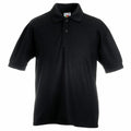 The SS417 from Fruit of the Loom is a plain black polo shirt featuring short sleeves, a collar, and three buttons.