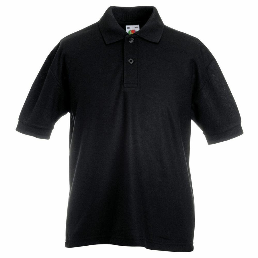 The SS417 from Fruit of the Loom is a plain black polo shirt featuring short sleeves, a collar, and three buttons.