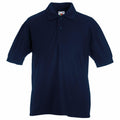 A plain dark blue polo shirt, Product Name: SS417 from the brand Fruit of the Loom, featuring short sleeves and a collar with three buttons near the collar, displayed on a white background.
