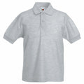 The Fruit of the Loom SS417 polo shirt is showcased on a neutral background. This light gray shirt features a classic collar, short sleeves, and a three-button placket, and its material looks soft and comfortable.