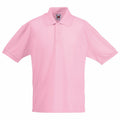 Introducing the SS417 by Fruit of the Loom: a light pink, short-sleeve polo shirt featuring a collar and three front buttons, perfectly highlighted against a clean white background.