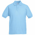 The Fruit of the Loom SS417 is showcased against a white backdrop, featuring a light blue color with short sleeves and a collar. It includes a three-button placket, presented neatly for a crisp and clean appearance.