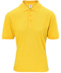 A vibrant bright yellow polo shirt, branded as Fruit of the Loom's SS417, featuring short sleeves and a three-button placket at the collar. It is displayed against a plain white backdrop.