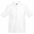 A plain white polo shirt, named SS417 by Fruit of the Loom, features short sleeves and a classic collar against a white background. It includes a three-button placket and ribbed cuffs.
