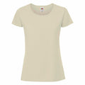A plain, light-colored women's T-shirt by Fruit of the Loom (SS424) is displayed against a white background. The T-shirt features short sleeves and a round neckline, with the tag visible at the back of the neck.