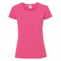 A Fruit of the Loom women's t-shirt, model SS424, featuring a plain pink color with short sleeves and a round neckline, displayed against a white background.