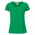 The Fruit of the Loom SS424 t-shirt is showcased against a white backdrop, featuring a plain green color with a round neckline and short sleeves.