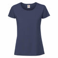 Introducing the Fruit of the Loom SS424, a women's T-shirt featuring a plain navy blue design with short sleeves. Made from smooth fabric, it includes a round neckline and displays a small logo inside the collar.