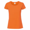 A Fruit of the Loom T-shirt, model SS424, featuring a round neckline and short sleeves in orange, showcased on a plain white background with the tag at the neckline visible.
