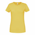The Fruit of the Loom SS424, a plain yellow short-sleeve t-shirt with a round neckline and fitted style, is displayed against a white background, showcasing its simple and solid color design.