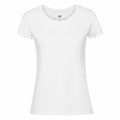 A plain white, short-sleeved T-shirt from Fruit of the Loom, model SS424, is laying flat against a white background, featuring a round neckline and a visible label inside the collar.