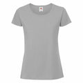 The Fruit of the Loom SS424 is shown against a white backdrop. This plain gray T-shirt features short sleeves and a round neckline, with a small tag visible at the back of the neck.