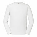 The Fruit of the Loom SS434 is showcased against a white background, featuring a plain white design with long sleeves. It includes a simple, crew neck style and offers a relaxed fit, highlighting clean lines and a minimalistic aesthetic.