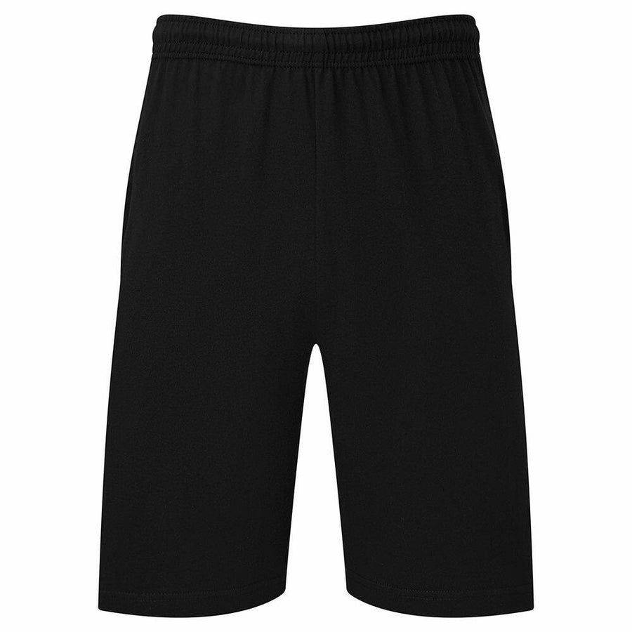 Fruit of the Loom SS435 black athletic shorts with an elastic waistband, displayed on a plain white background.