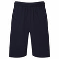 Fruit of the Loom's SS435 black athletic shorts featuring an elastic waistband, showcased on a white background.