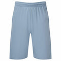 The SS435 shorts from Fruit of the Loom are light blue, knee-length with an elastic waistband. They feature a simple, casual design that makes them perfect for everyday wear and are showcased against a plain white background.