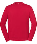 A plain red sweatshirt with a crew neck, long sleeves, and ribbed cuffs and hem is displayed on a white background. No visible logos or designs.