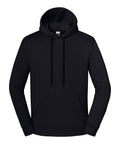 A black hoodie sweatshirt with long sleeves, a front pocket, and drawstring hood is shown against a white background.