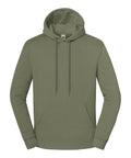 The Hoodies product is shown in plain olive green with a hood, drawstrings, and a front kangaroo pocket against a white background.