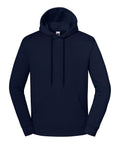 The Hoodies product is a plain dark navy blue hooded jumper with long sleeves, a front pocket, drawcords, and a relaxed fit. It's photographed against a white background.