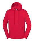 A red hoodie sweatshirt with a hood, front pocket, and drawstrings is shown against a white background.