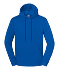 A royal blue hoodie with front pocket and drawstrings is laid flat on a white background, hood up and sleeves straight.