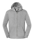 A light grey zip-up jacket with a hood, drawstrings, front zip, and two front pockets is displayed against a white background.