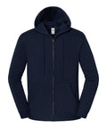 A navy blue zip-up hoodie from Jackets, featuring a hood, front zip, drawstrings, and two front pockets, photographed on a white background.