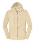 A beige zip-up jacket with long sleeves, front zip, two pockets, and a hood is shown on a plain white background.