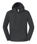 A dark grey Jackets zip-up hoodie with a hood, drawstrings, and front pockets is shown fully zipped and laid flat on a white background.