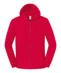 A plain red zip-up jacket with a front zip, drawstring hood, and two front pockets displayed against a white background.