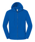 A royal blue zip-up jacket with a hood, drawstrings, and two front pockets, displayed on a plain white background.