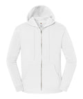 A white zip-up jacket with a hood, drawstrings, front zip, and two pockets is displayed on a white background.