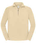 Beige sweatshirts with long sleeves, quarter-zip collar, and raglan sleeves shown on a white background. Zip is partially open with a small tag at the collar.