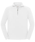 A plain white sweatshirt with a quarter zip, long sleeves, stand-up collar, and a zip to the chest. No visible patterns or logos except for a small label inside the collar.