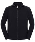 Jackets: A plain black full-zip jacket with long sleeves, high collar, and two front pockets. Features a subtle zip and minimal visible branding on the inside collar label.