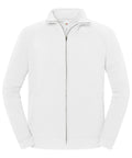 The Jackets product is a full-zip, plain white jacket with a stand collar, long sleeves, and two front pockets. Displayed against a white background with the zip fastened and a small tag visible at the collar.