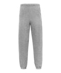 A pair of joggers in plain light grey, shown from the back, with an elastic waistband and elastic ankle cuffs.
