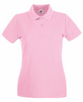 A Fruit of the Loom SS505 pink short-sleeved polo shirt with a collar and three buttons at the front, featuring a logo tag at the inside collar.