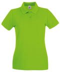 Fruit of the Loom's SS505 features a bright green short-sleeve polo shirt with a collar and three buttons, displayed on a white background.