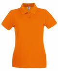 A Fruit of the Loom SS505 orange short-sleeve polo shirt featuring a collar and three buttons down the front is displayed against a white background, with a small logo tag inside the neckline.