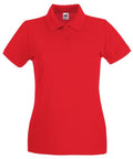 Introducing the SS505 by Fruit of the Loom: a bright red, short-sleeved polo shirt featuring a classic collar and three-button design. The smooth fabric gives it a sleek appearance, and its fitted style makes it perfect for casual wear.