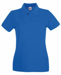 The SS505 by Fruit of the Loom is a plain blue short-sleeve polo shirt featuring a collar and three buttons at the neckline. It has a fitted style and is displayed against a white background.