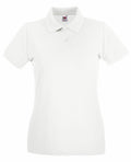 Introducing the Fruit of the Loom SS505: a classic plain white polo shirt featuring short sleeves and a collar, complete with three buttons down the front. Displayed against a white background, this versatile piece is perfect for any occasion.