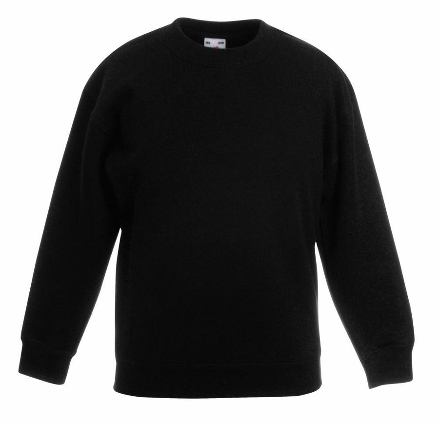 Fruit of the Loom's SS801, a black crewneck sweatshirt with long sleeves, displayed on a white background.
