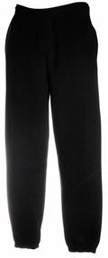 Fruit of the Loom SS805 black sweatpants featuring an elastic waistband and cuffs, displayed against a white background.