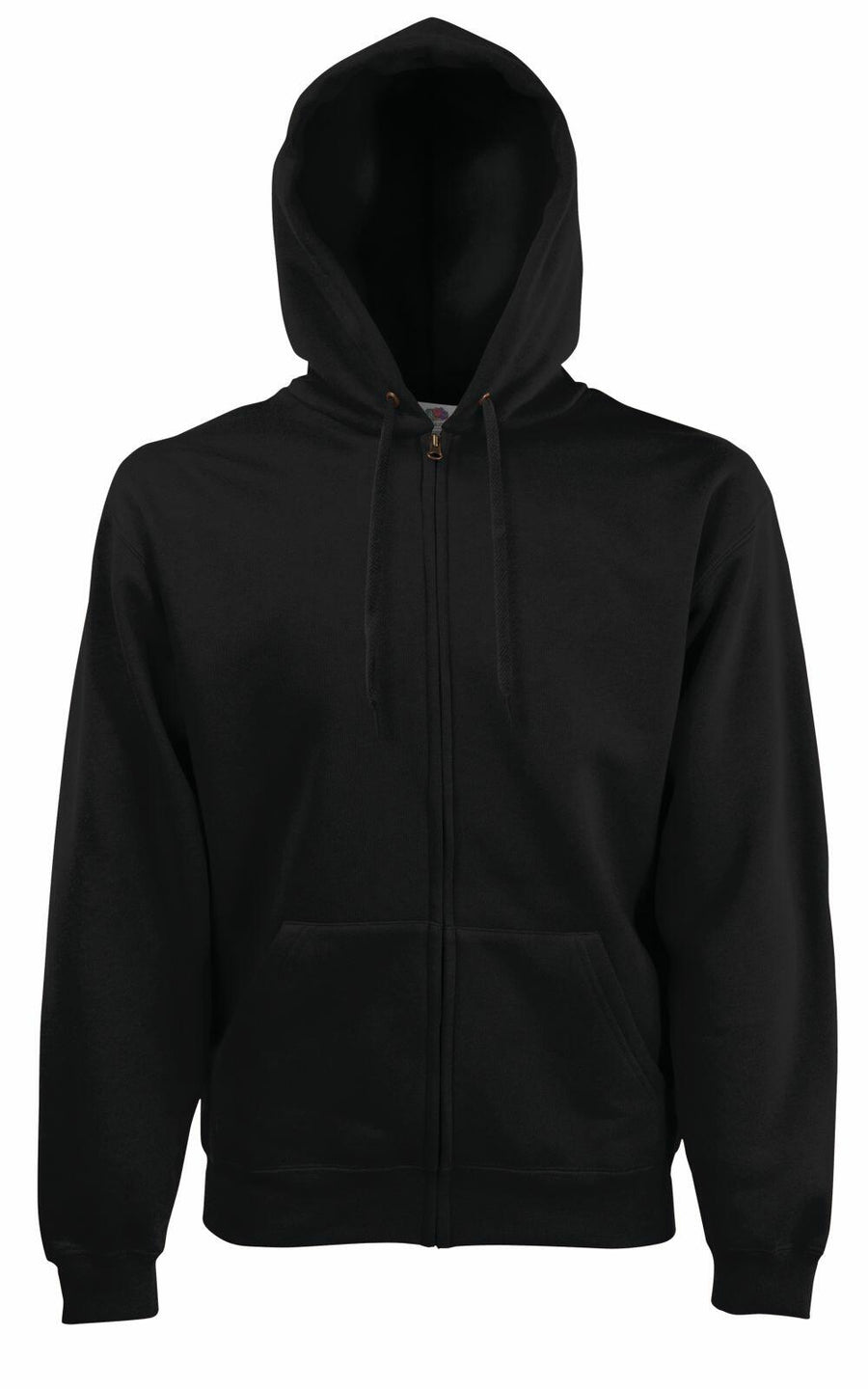Introducing the SS822 by Fruit of the Loom: a black zip-up hoodie featuring a drawstring hood and long sleeves, showcased against a plain white background.